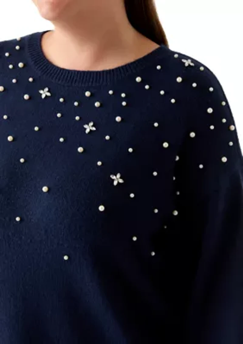 Plus Long Sleeve Jewel Crew Neck Sweater