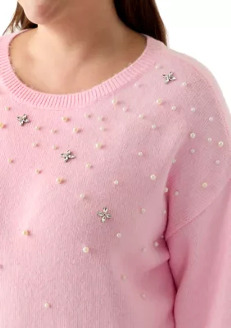 Plus Long Sleeve Jewel Crew Neck Sweater