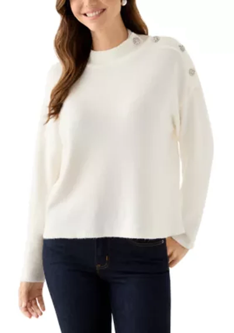 Petite Long Sleeve Button Shoulder Sweater