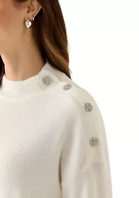 Women's Long Sleeve Jewel Buttoned Shoulder Sweater