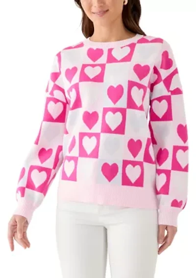 Petite Checkered Heart Print Sweater