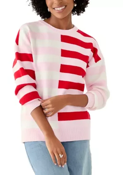 Women's Contrast Striped Crew Neck Sweater