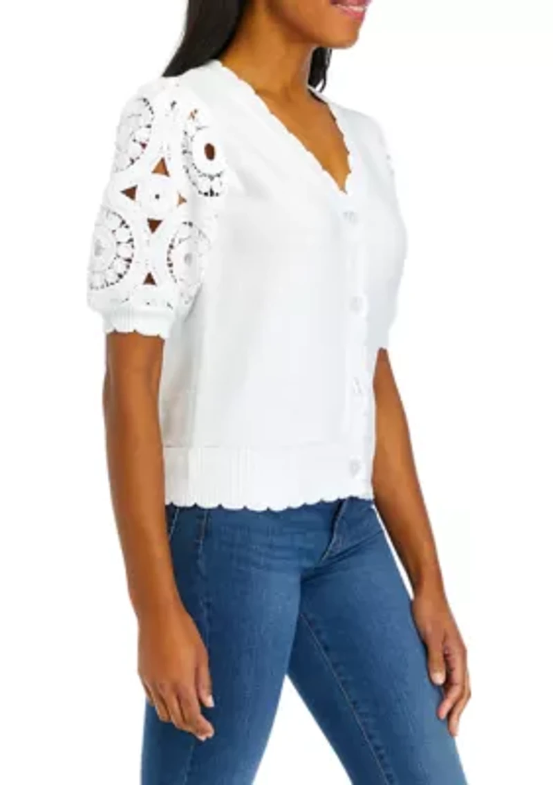 Women's Crochet Sleeve Scalloped Cardigan