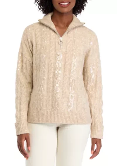Women's Sequin 1/4 Zip Sweater Knit Pullover