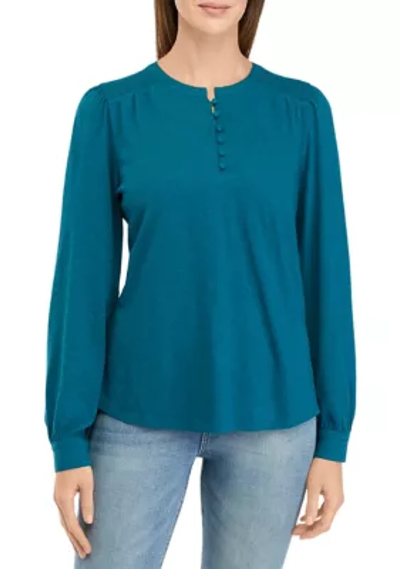 Women's Long Sleeve Smocked Henley Top