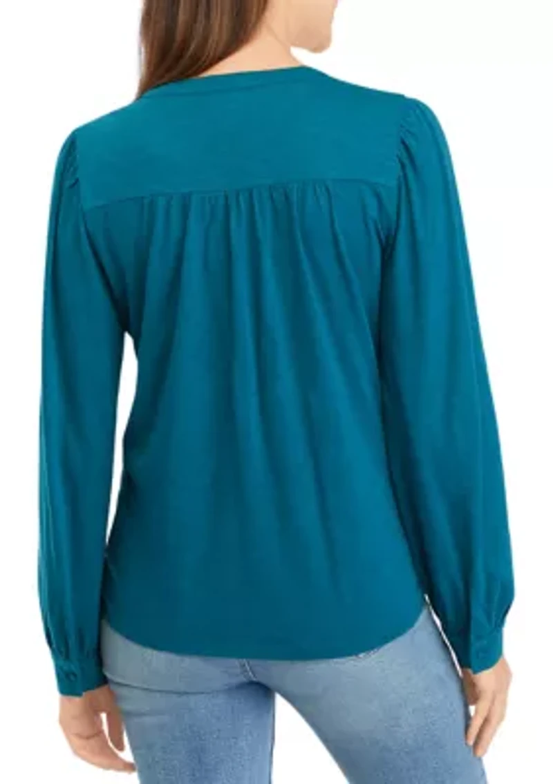 Women's Long Sleeve Smocked Henley Top