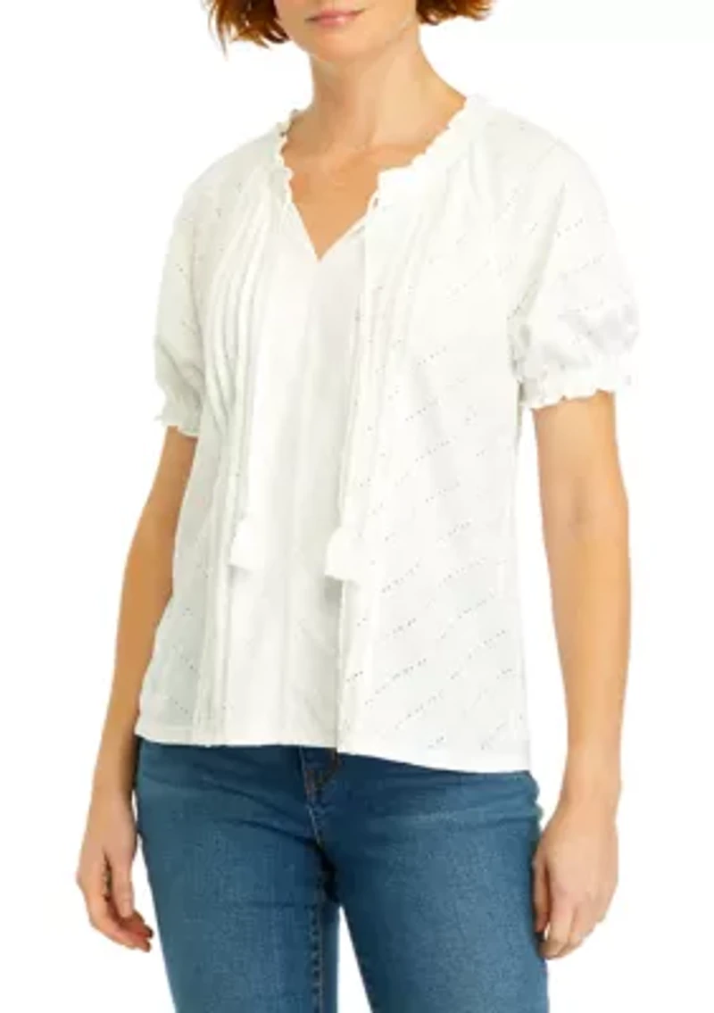 Petite Short Sleeve Pintuck Peasant Top