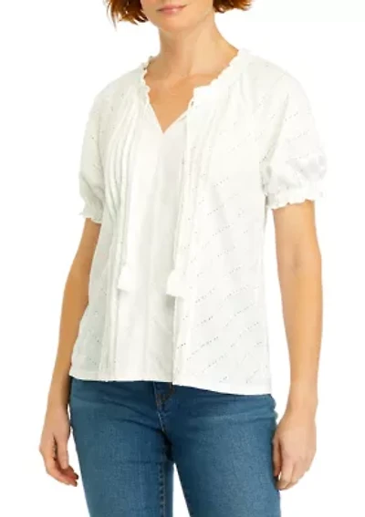 Petite Short Sleeve Pintuck Peasant Top