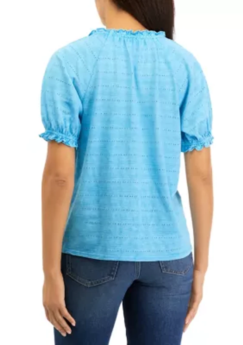 Petite Short Sleeve Pintuck Peasant Top