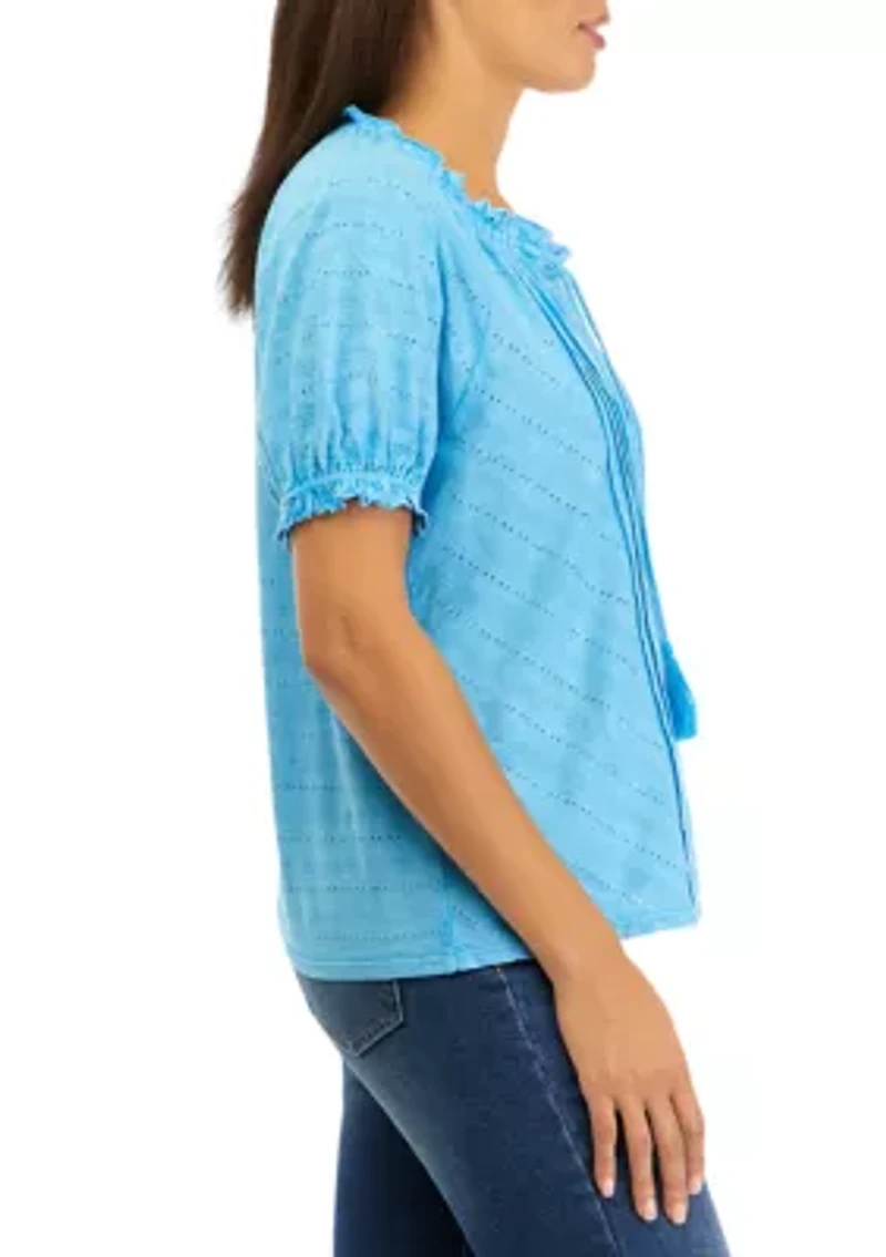 Petite Short Sleeve Pintuck Peasant Top