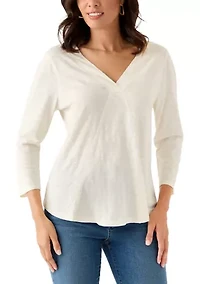 Women's 3/4 Sleeve V-Neck Solid T-Shirt with Neck Detail