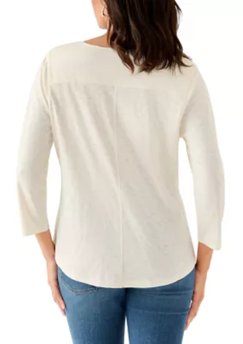 Women's 3/4 Sleeve V-Neck Solid T-Shirt with Neck Detail