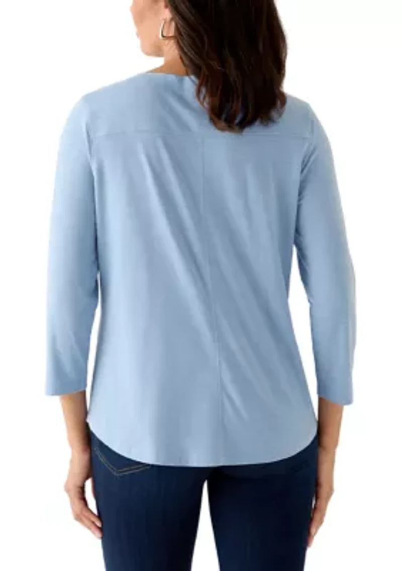 Women's 3/4 Sleeve V-Neck Solid T-Shirt with Neck Detail