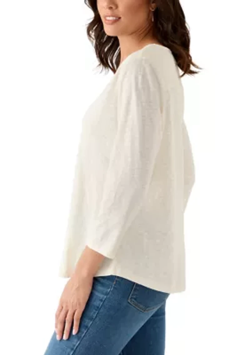 Women's 3/4 Sleeve V-Neck Solid T-Shirt with Neck Detail