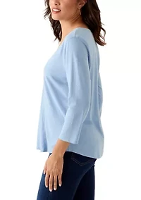 Women's 3/4 Sleeve V-Neck Solid T-Shirt with Neck Detail