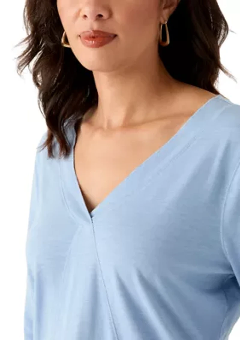 Women's 3/4 Sleeve V-Neck Solid T-Shirt with Neck Detail
