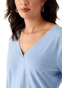 Women's 3/4 Sleeve V-Neck Solid T-Shirt with Neck Detail