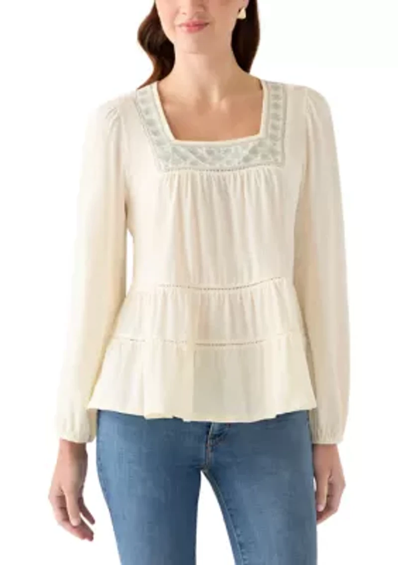 Women's Long Sleeve Embroidered Square Neck Top