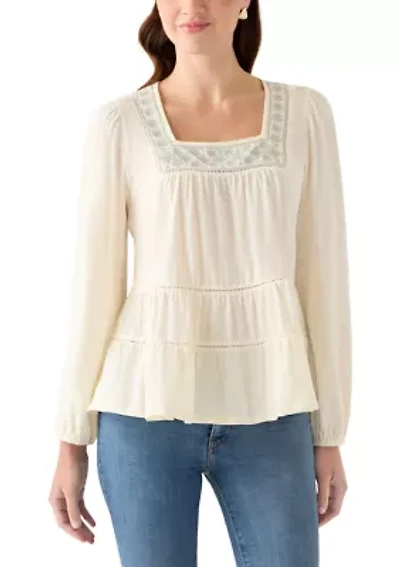 Women's Long Sleeve Embroidered Square Neck Top