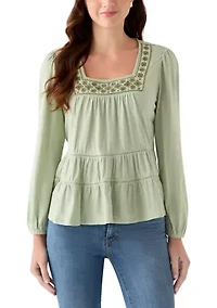 Women's Long Sleeve Embroidered Square Neck Top