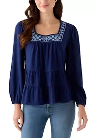 Women's Long Sleeve Embroidered Square Neck Top