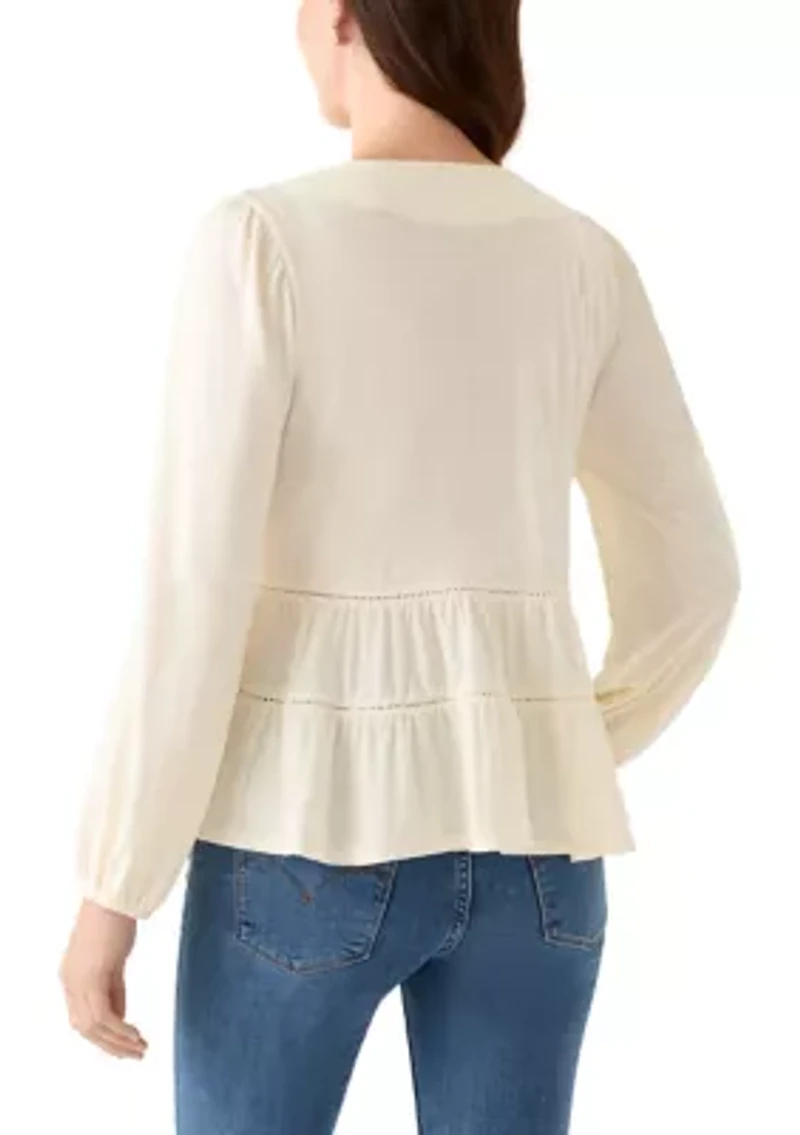 Women's Long Sleeve Embroidered Square Neck Top