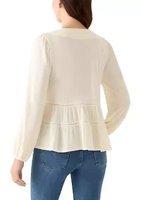 Women's Long Sleeve Embroidered Square Neck Top