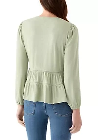 Women's Long Sleeve Embroidered Square Neck Top