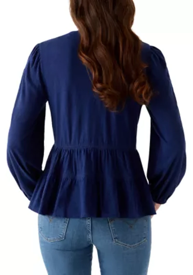 Women's Long Sleeve Embroidered Square Neck Top
