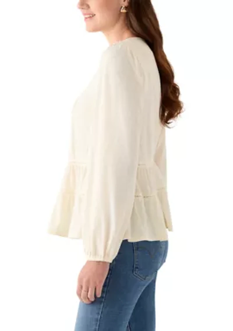 Women's Long Sleeve Embroidered Square Neck Top