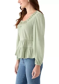 Women's Long Sleeve Embroidered Square Neck Top