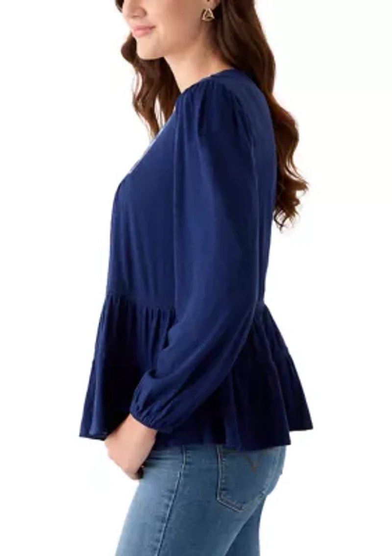 Women's Long Sleeve Embroidered Square Neck Top