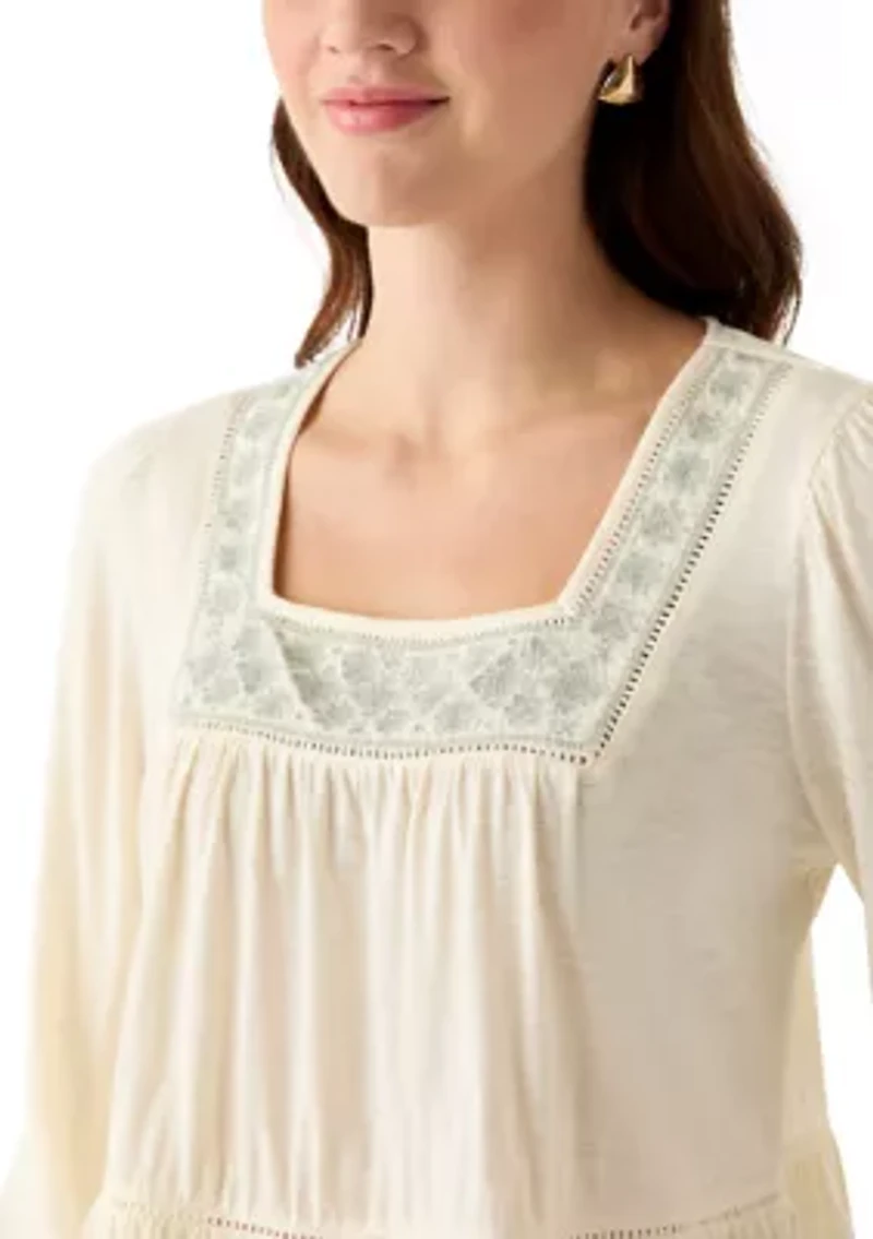 Women's Long Sleeve Embroidered Square Neck Top