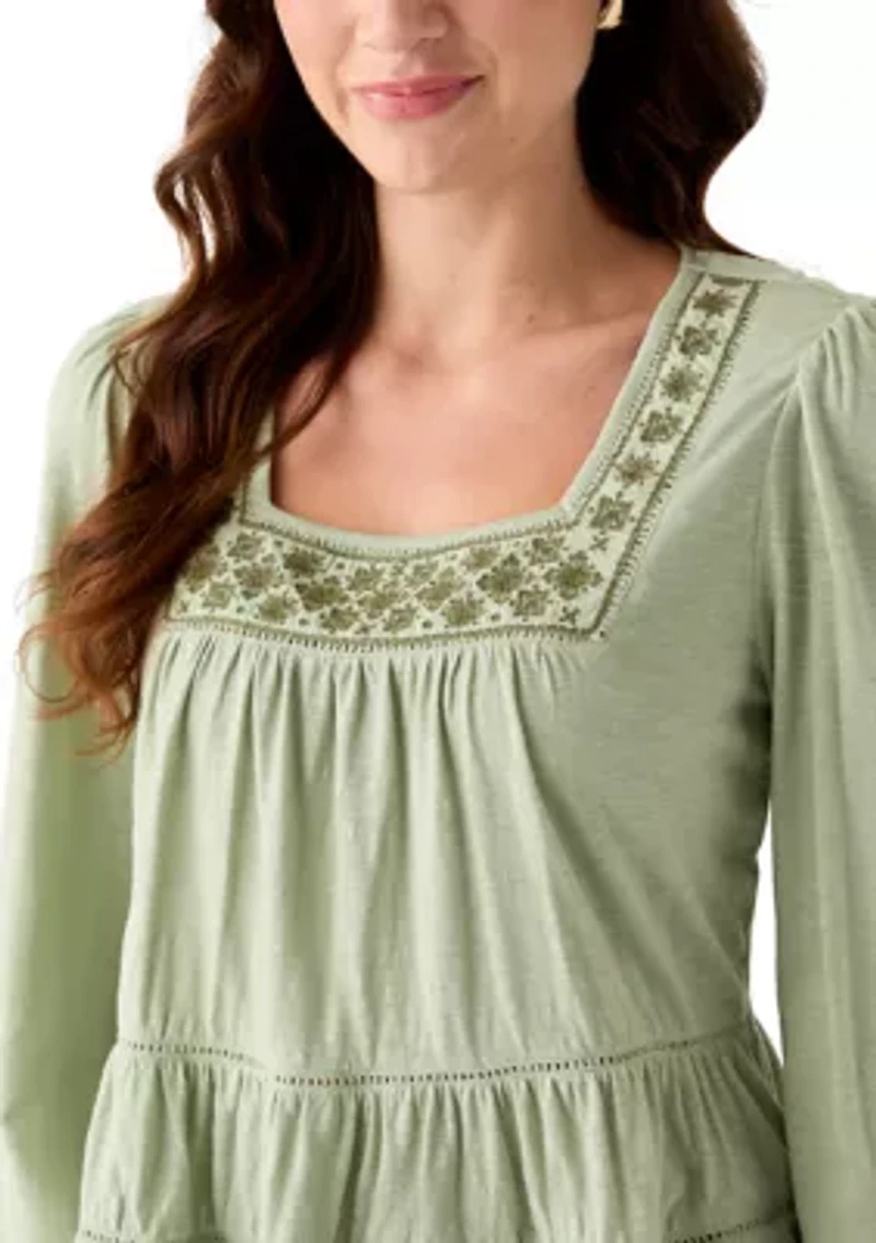 Women's Long Sleeve Embroidered Square Neck Top