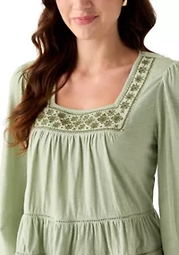 Women's Long Sleeve Embroidered Square Neck Top