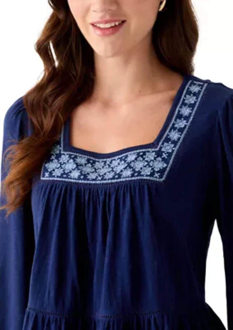 Women's Long Sleeve Embroidered Square Neck Top