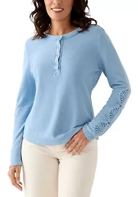 Women's Long Sleeve Henley Top with Crochet