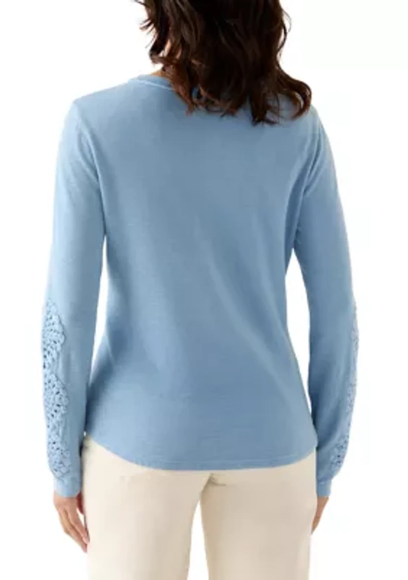 Women's Long Sleeve Henley Top with Crochet