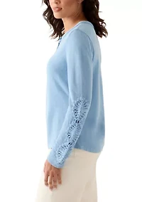 Women's Long Sleeve Henley Top with Crochet