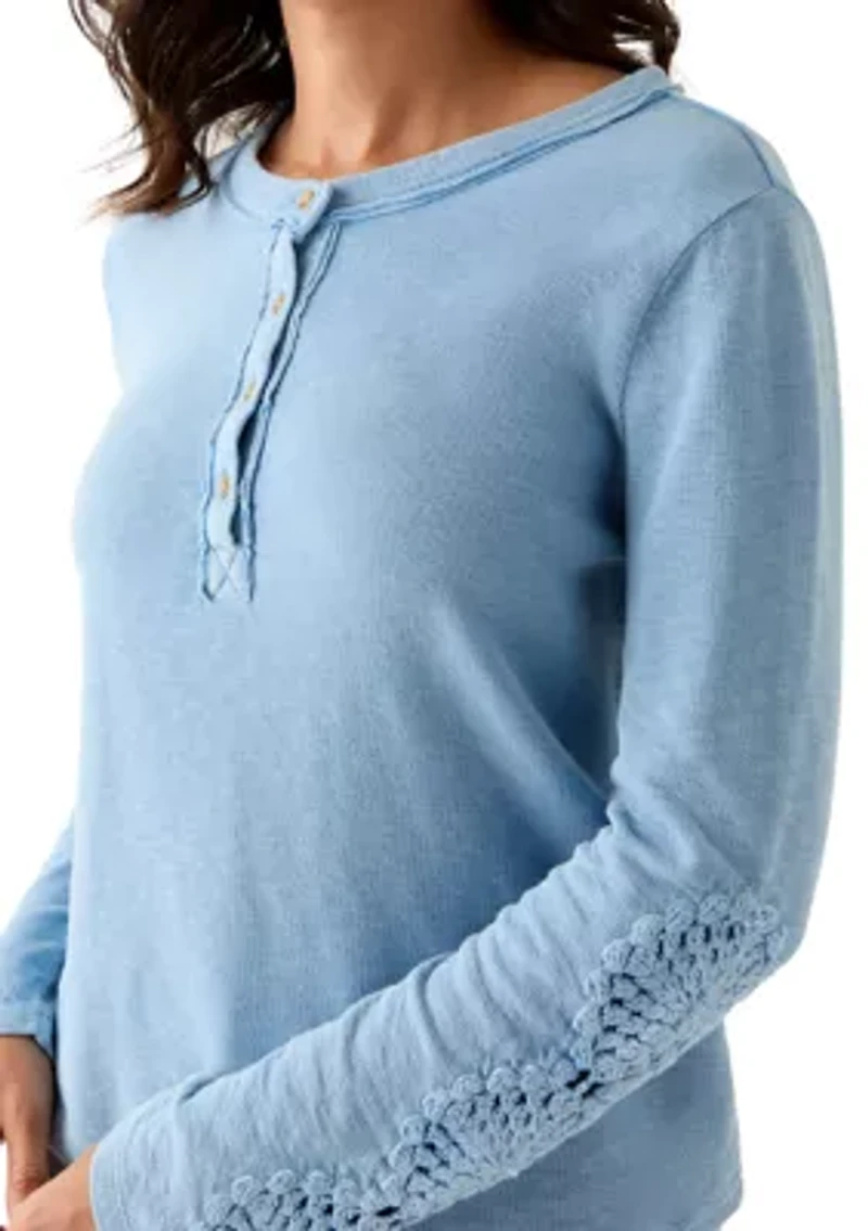 Women's Long Sleeve Henley Top with Crochet