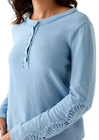 Women's Long Sleeve Henley Top with Crochet