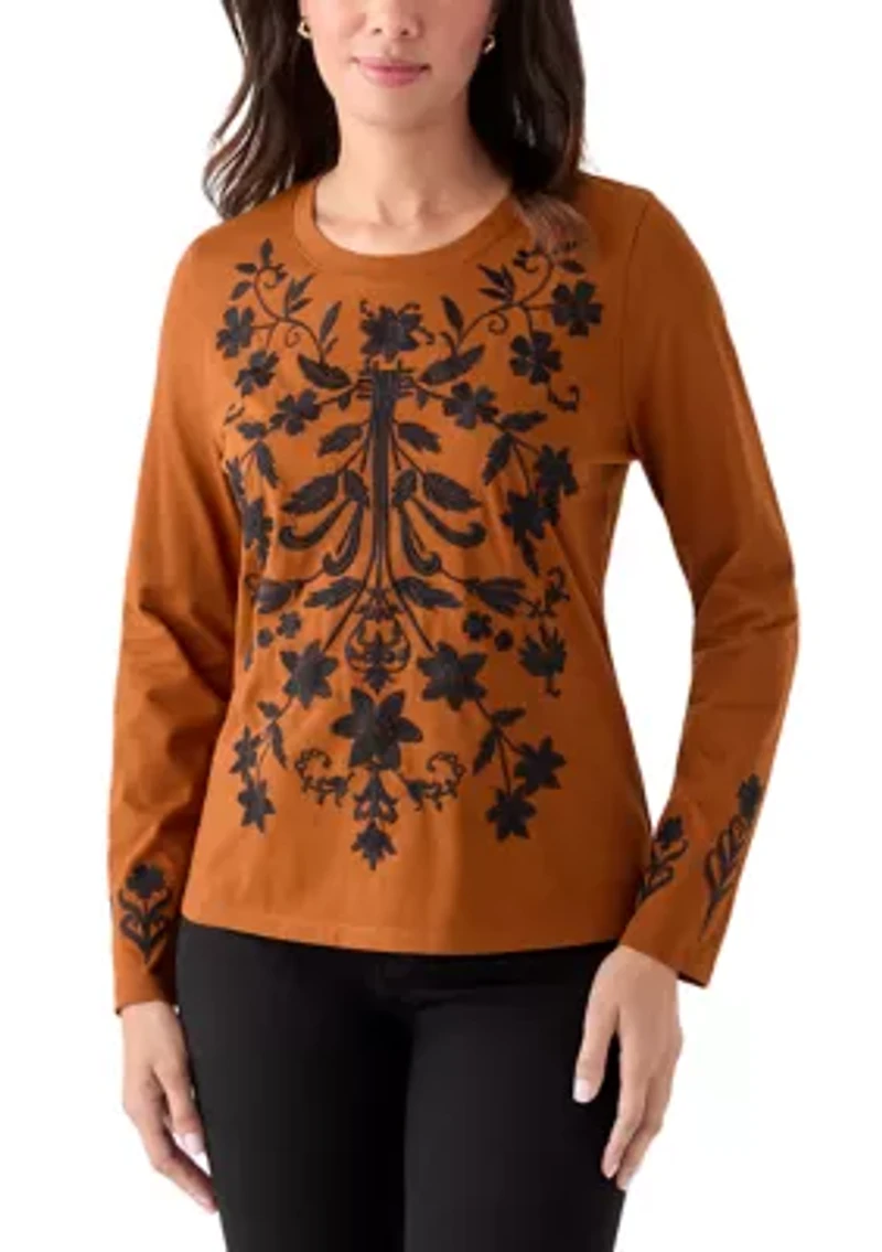 Women's Long Sleeve Cotton Flower Embroidered Top
