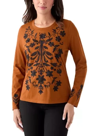 Women's Long Sleeve Cotton Flower Embroidered Top