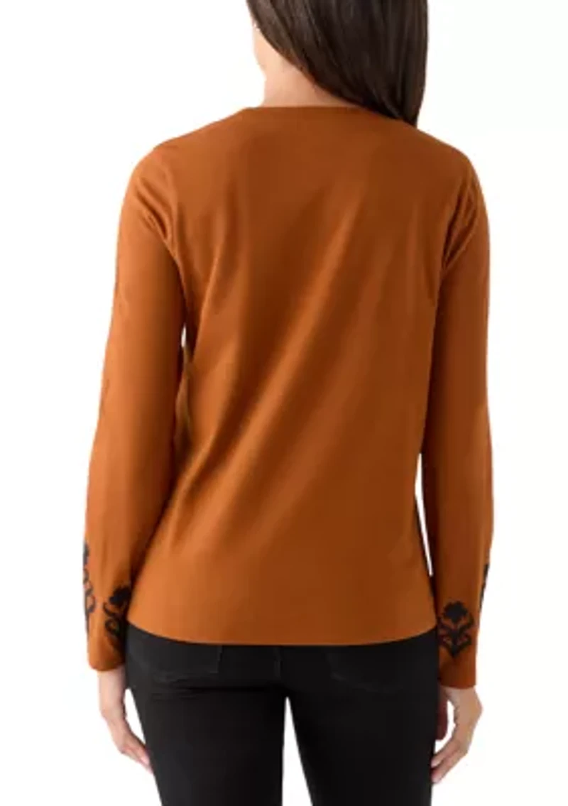 Women's Long Sleeve Cotton Flower Embroidered Top