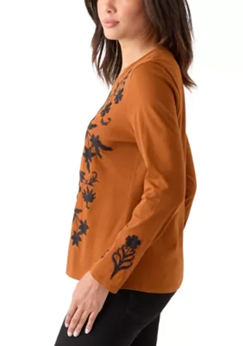 Women's Long Sleeve Cotton Flower Embroidered Top