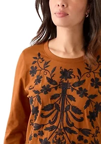 Women's Long Sleeve Cotton Flower Embroidered Top