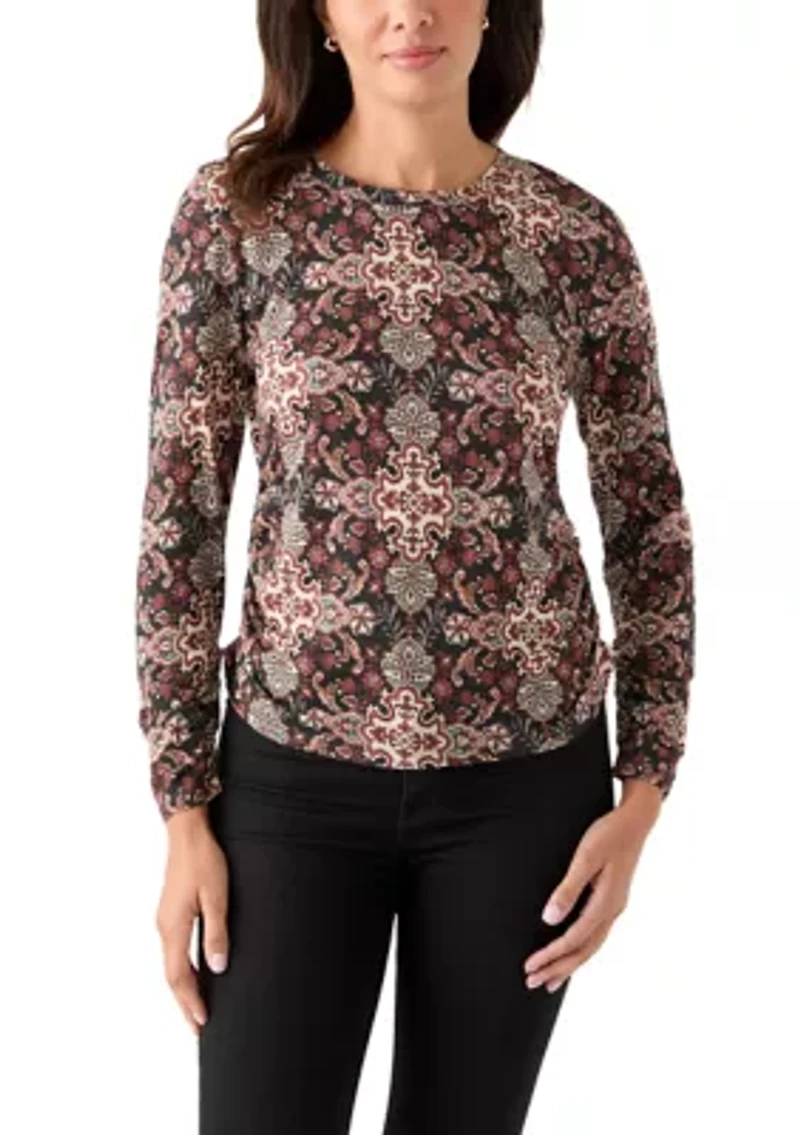 Women's Long Sleeve Ruched Print Top