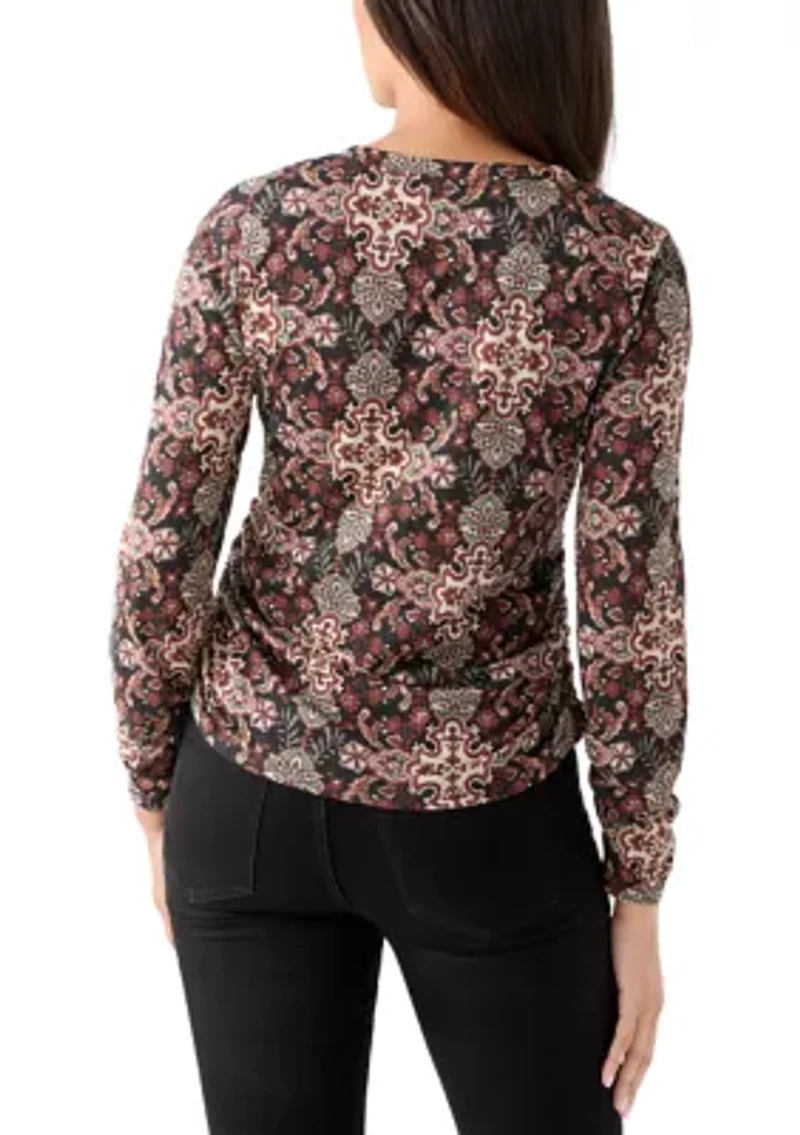 Women's Long Sleeve Ruched Print Top