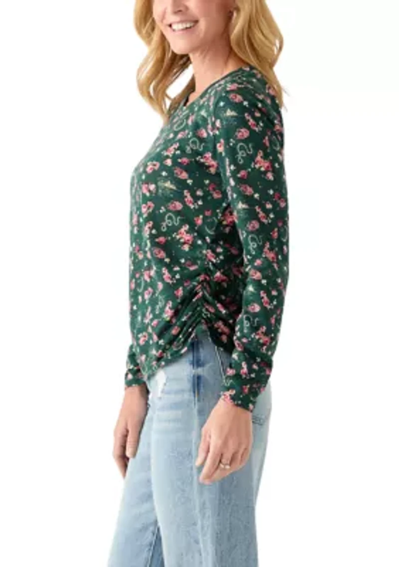 Women's Long Sleeve Ruched Print Top