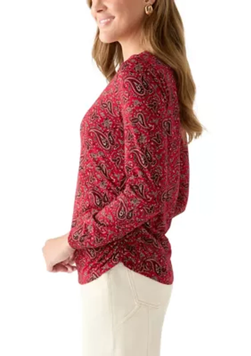 Women's Long Sleeve Ruched Print Top